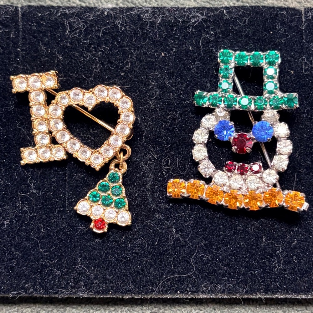 Vintage Christmas Rhinestone Brooch Set Snowman and I Heart Tree Pins Colors